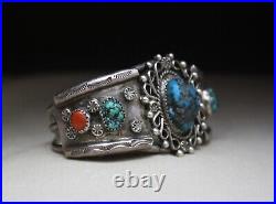 Vintage Native American Navajo Turquoise Coral Sterling Silver Cuff Bracelet