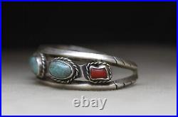 Vintage Native American Navajo Turquoise Coral Sterling Silver Cuff Bracelet