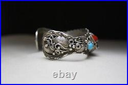 Vintage Native American Navajo Turquoise Coral Sterling Silver Cuff Bracelet