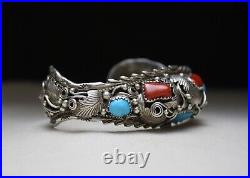 Vintage Native American Navajo Turquoise Coral Sterling Silver Cuff Bracelet