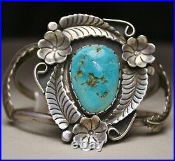 Vintage Native American Navajo Turquoise Foliate Sterling Silver Cuff Bracelet