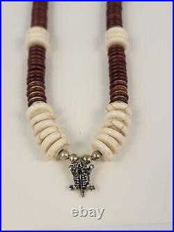Vintage Native American Navajo Turquoise Heishi Necklace Sterling Lizard Pendant