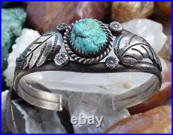 Vintage Native American Navajo Turquoise Nugget Sterling Bracelet Feathers 6 1/4