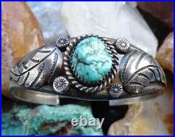 Vintage Native American Navajo Turquoise Nugget Sterling Bracelet Feathers 6 1/4