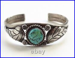 Vintage Native American Navajo Turquoise Nugget Sterling Bracelet Feathers 6 1/4
