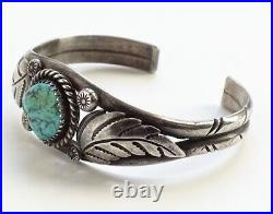 Vintage Native American Navajo Turquoise Nugget Sterling Bracelet Feathers 6 1/4
