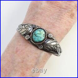 Vintage Native American Navajo Turquoise Nugget Sterling Bracelet Feathers 6 1/4