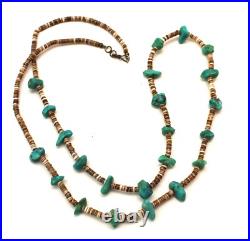 Vintage Native American Navajo Turquoise Nuggets Heishi Beads Shell Necklace 14