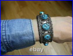 Vintage Native American Navajo Turquoise Sterling Cuff Bracelet Fannie Platero