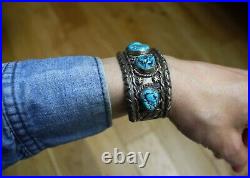 Vintage Native American Navajo Turquoise Sterling Cuff Bracelet Fannie Platero