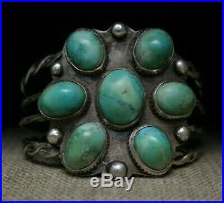 Vintage Native American Navajo Turquoise Sterling Silver Cluster Cuff Bracelet