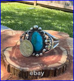 Vintage Native American Navajo Turquoise Sterling Silver Cuff Bracelet