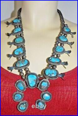 Vintage Native American Navajo Turquoise Stone Squash Blossom Silver Necklace