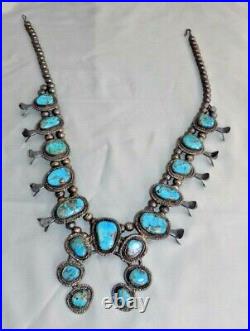 Vintage Native American Navajo Turquoise Stone Squash Blossom Silver Necklace