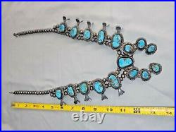 Vintage Native American Navajo Turquoise Stone Squash Blossom Silver Necklace