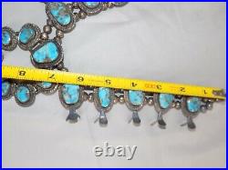 Vintage Native American Navajo Turquoise Stone Squash Blossom Silver Necklace