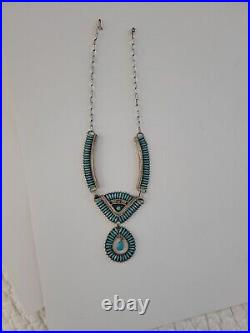 Vintage Native American Needle Point Turquoise Sterling Silver Necklace