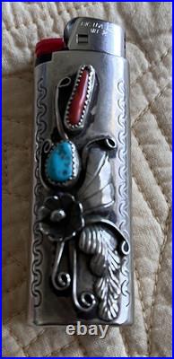 Vintage Native American Nickel Silver Lighter Case Turquoise and Coral Flowers