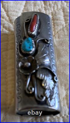 Vintage Native American Nickel Silver Lighter Case Turquoise and Coral Flowers
