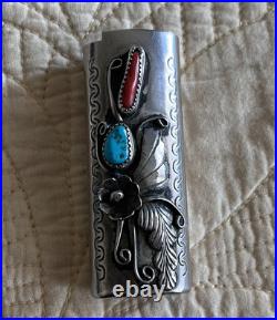 Vintage Native American Nickel Silver Lighter Case Turquoise and Coral Flowers