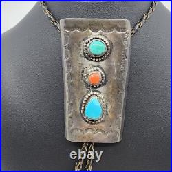 Vintage Native American OLD PAWN Sterling Coral Turquoise Bolo Tie Necklace