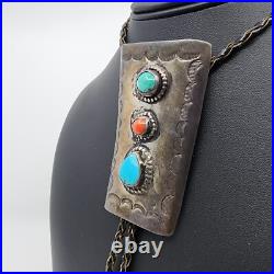 Vintage Native American OLD PAWN Sterling Coral Turquoise Bolo Tie Necklace