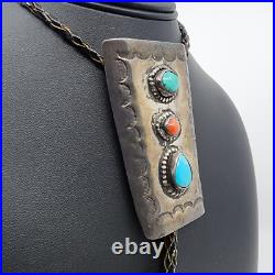 Vintage Native American OLD PAWN Sterling Coral Turquoise Bolo Tie Necklace