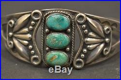 Vintage Native American Old Pawn Sterling Silver 3 Turquoise Cuff Bracelet