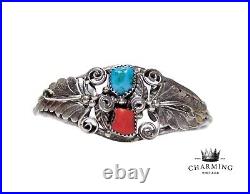 Vintage Native American Old Pawn Sterling Silver Turquoise & Coral Cuff Bracelet