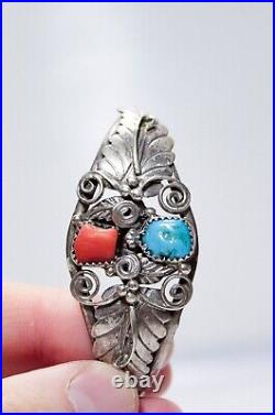 Vintage Native American Old Pawn Sterling Silver Turquoise & Coral Cuff Bracelet