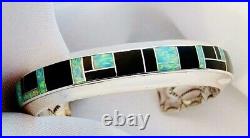 Vintage Native American Onyx Opal Inlaid Mosaic Sterling Silver Cuff Bracelet