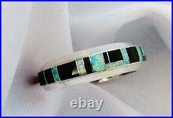 Vintage Native American Onyx Opal Inlaid Mosaic Sterling Silver Cuff Bracelet