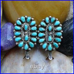 Vintage Native American Petit Point Turquoise Squash Blossom Clip Earrings Old