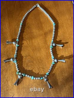 Vintage Native American Petite Squash Blossom with Turquoise 22 Necklace Silver