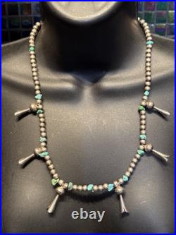 Vintage Native American Petite Squash Blossom with Turquoise 22 Necklace Silver