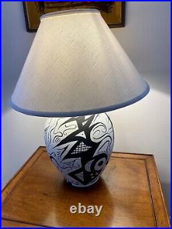 Vintage Native American Pottery Black and White Lamp Signed Killsthunder