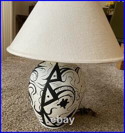 Vintage Native American Pottery Black and White Lamp Signed Killsthunder