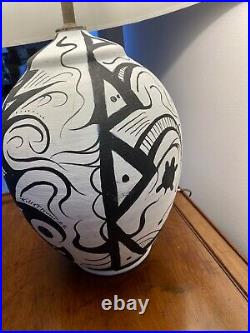 Vintage Native American Pottery Black and White Lamp Signed Killsthunder