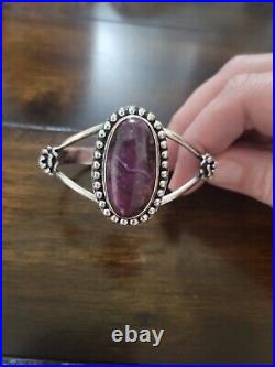 Vintage Native American Purple Agate Sterling Silver Flower Bracelet Cuff