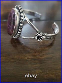 Vintage Native American Purple Agate Sterling Silver Flower Bracelet Cuff