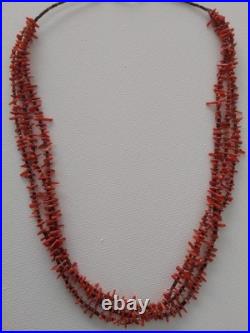 Vintage Native American Red Branch Coral Shell Heishi Necklace Three Strand 24