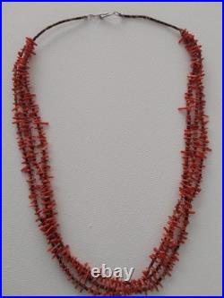 Vintage Native American Red Branch Coral Shell Heishi Necklace Three Strand 24