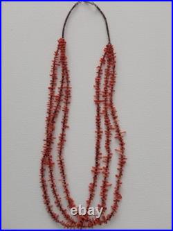 Vintage Native American Red Branch Coral Shell Heishi Necklace Three Strand 24