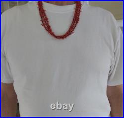 Vintage Native American Red Branch Coral Shell Heishi Necklace Three Strand 24