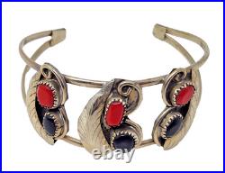 Vintage Native American Red Coral Black Onyx Sterling Silver Bracelet Navajo
