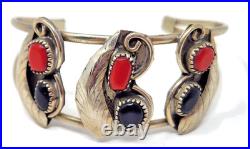 Vintage Native American Red Coral Black Onyx Sterling Silver Bracelet Navajo