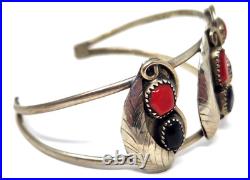 Vintage Native American Red Coral Black Onyx Sterling Silver Bracelet Navajo