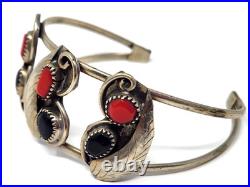 Vintage Native American Red Coral Black Onyx Sterling Silver Bracelet Navajo