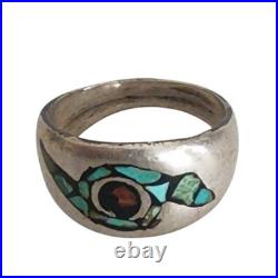 Vintage Native American Ring Silver Navajo Whirlwind Turquoise Coral Chip Inlay