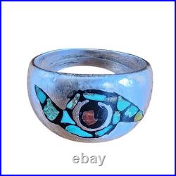 Vintage Native American Ring Silver Navajo Whirlwind Turquoise Coral Chip Inlay
